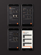 Phones displaying a free sample gym workout for chest and back from Burnt Cut, with a weight and rep tracking section.