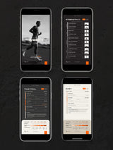 Preview of the Advanced Half Marathon Program on phones showcasing example sessions including strength training for runners, a time trial run, and an easy run.