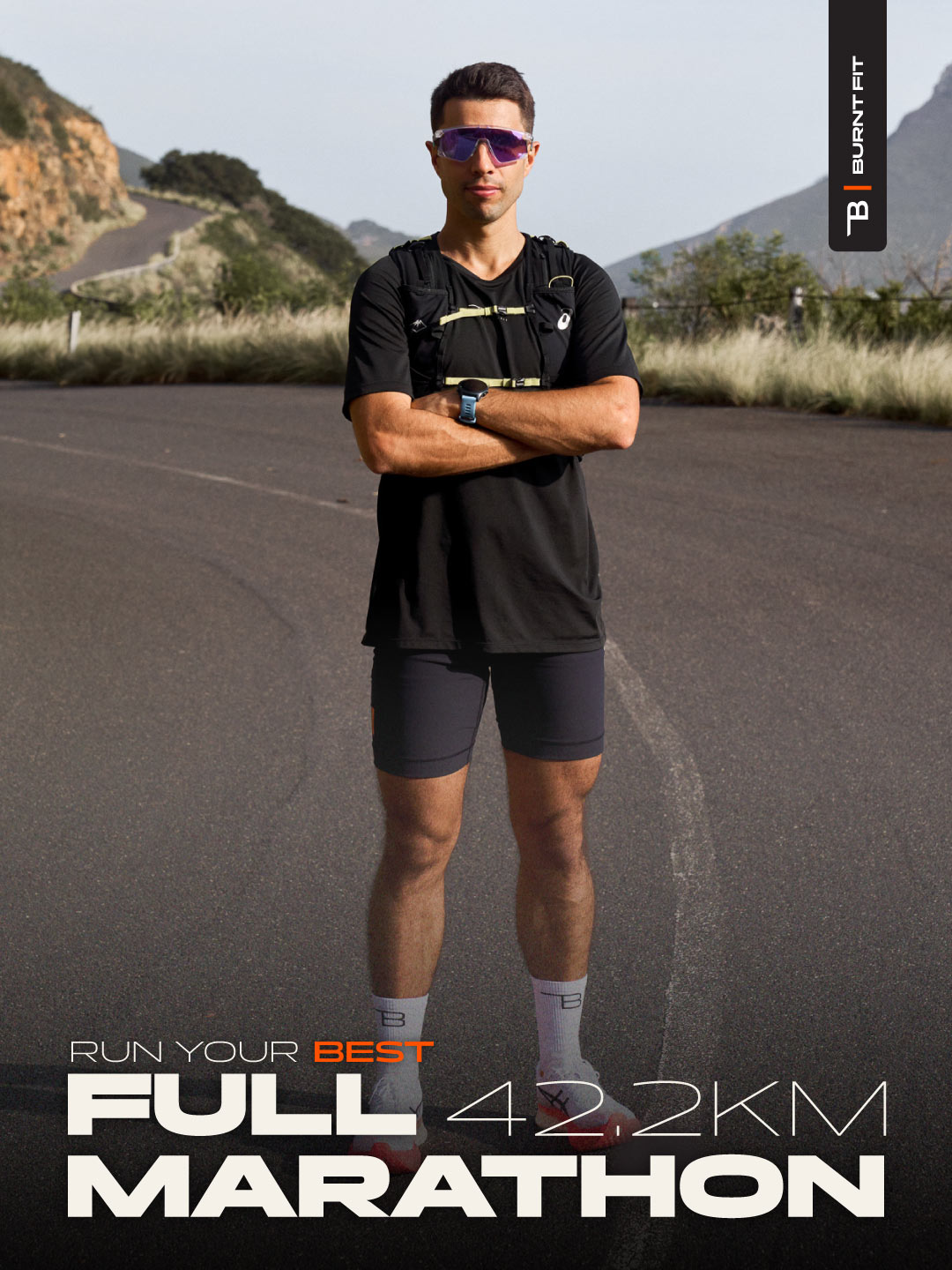 Cover of the Advanced Marathon Program featuring Run Coach and Biokineticist Nic Acampora standing on a road, ready to run.