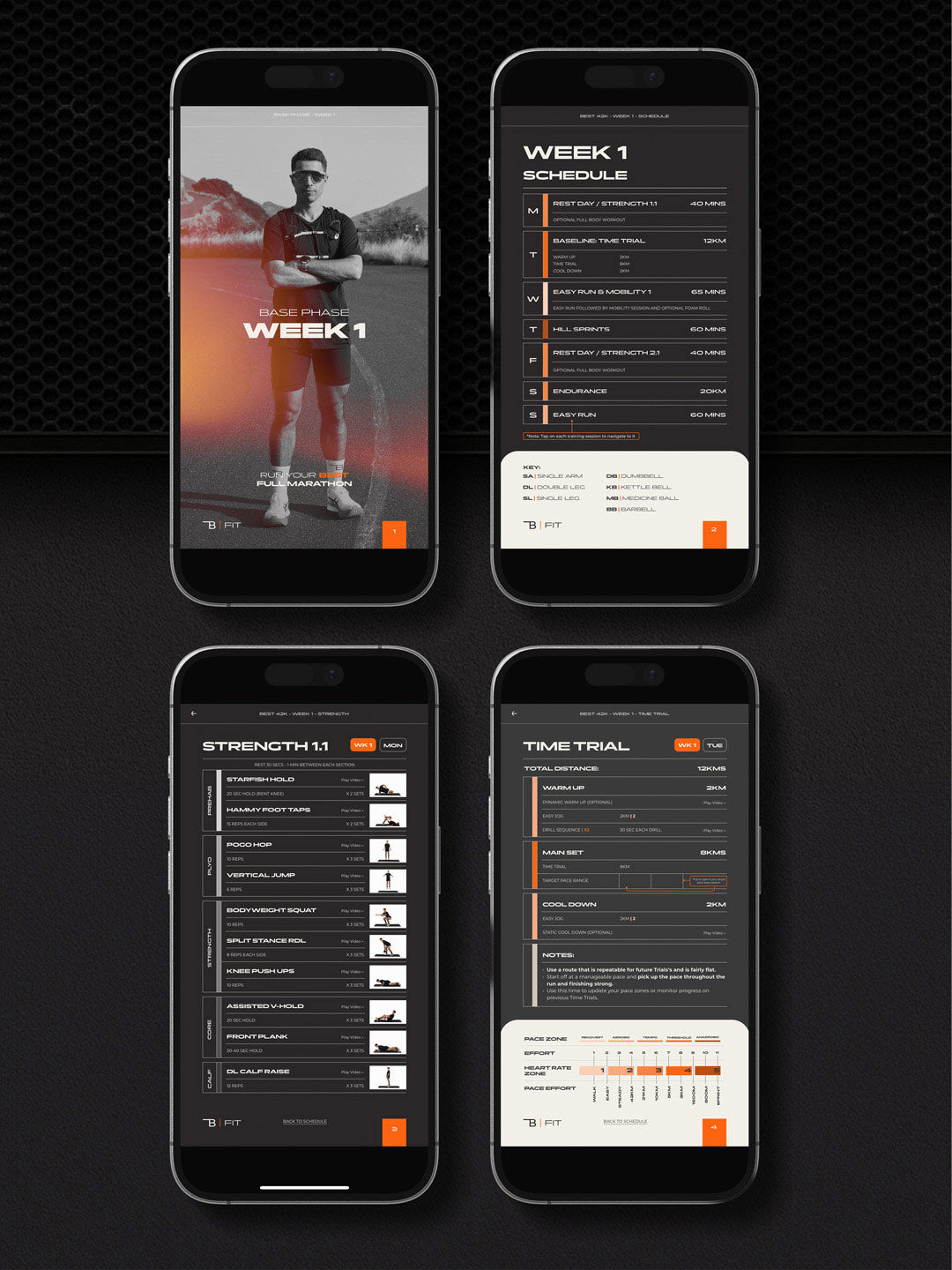 Preview of the Advanced Marathon Program on phones showcasing week schedule and example sessions including strength training for runners and a time trial run.