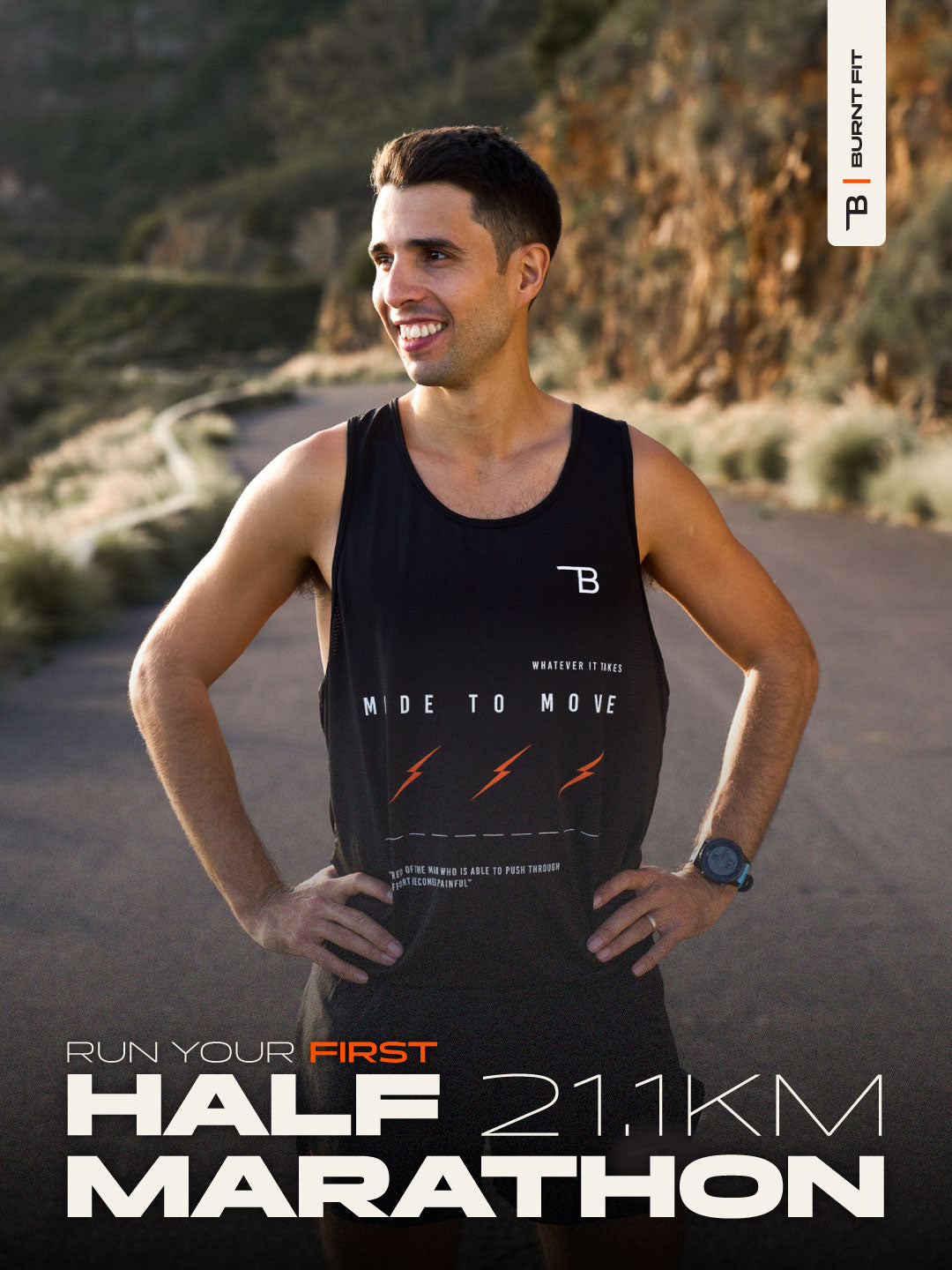 Beginner Half Marathon Program cover featuring Run Coach and Biokineticist Nic Acampora standing on a road, ready to run.