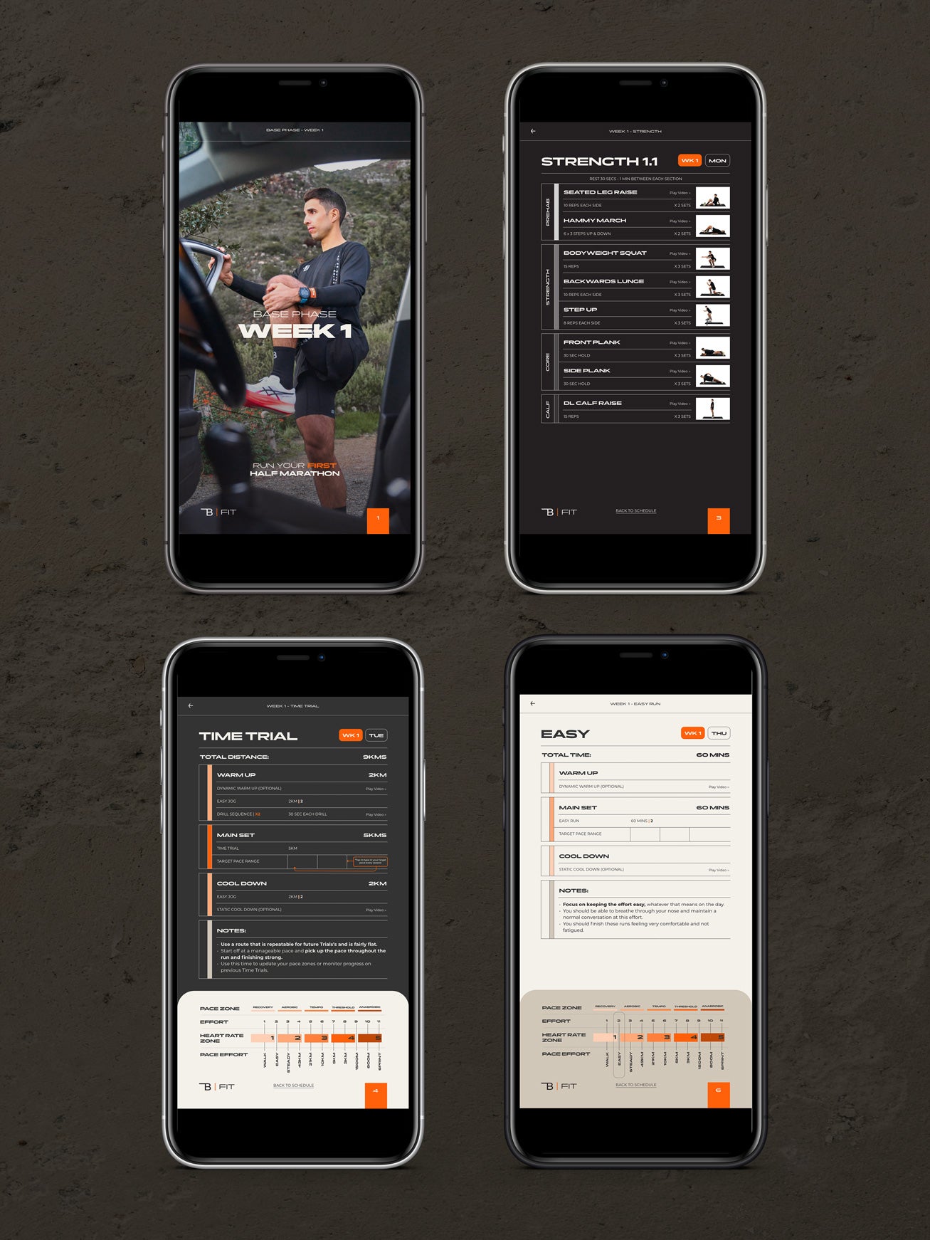 Preview of the Beginner Half Marathon Program on phones showcasing example sessions including strength training for runners, a time trial run, and an easy run.