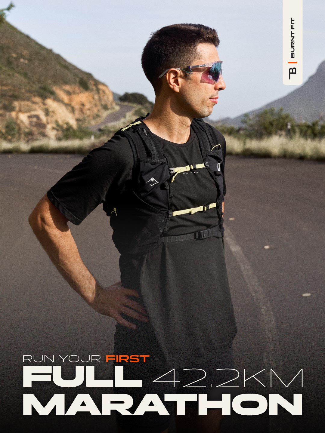 Cover of the Beginner Marathon Program featuring Run Coach and Biokineticist Nic Acampora standing on a road, ready to run.