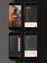 Preview of the Beginner Marathon Program on phones showcasing week schedule and example sessions including strength training for runners and a time trial run.