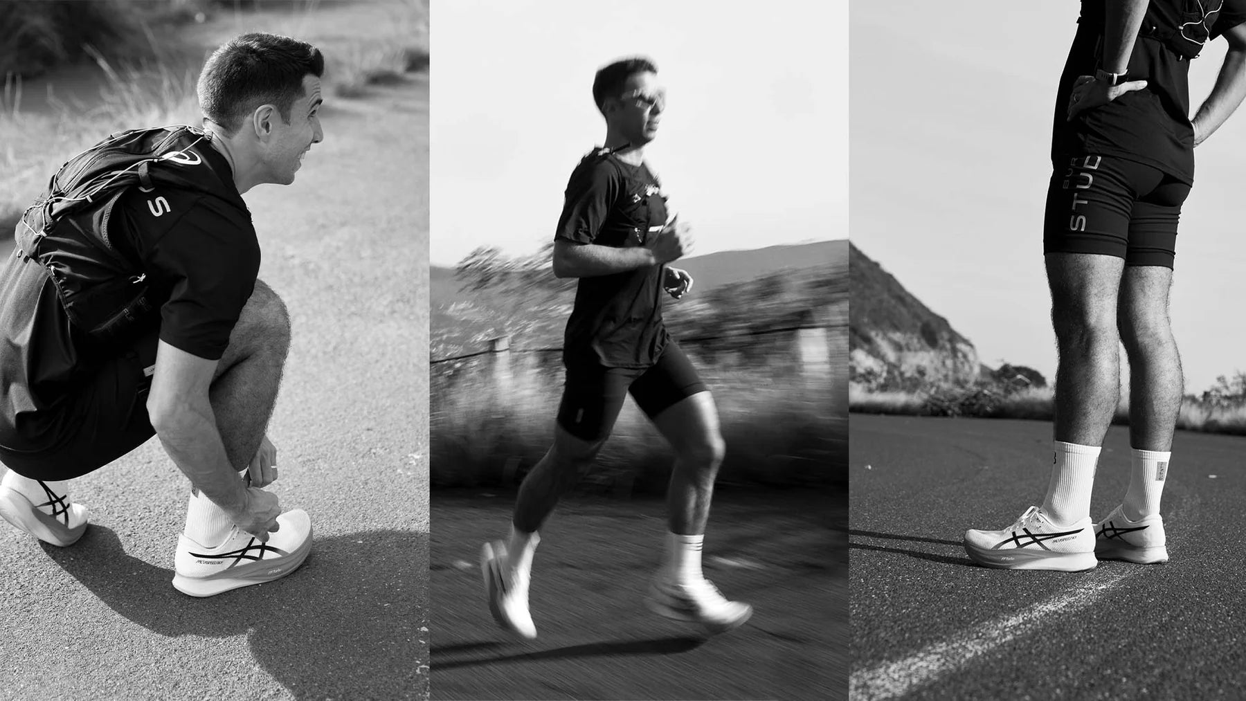 Nic Acampora stretching and road running in Burnt Studios gear as part of the Burnt Run Half Marathon and Full Marathon Programs.