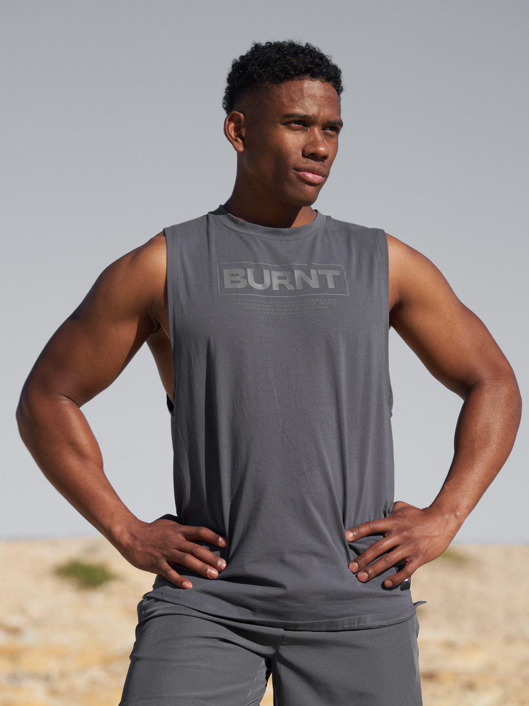 Burnt Studios Activewear Men Gym Detroit Training Tank Grey Front Social