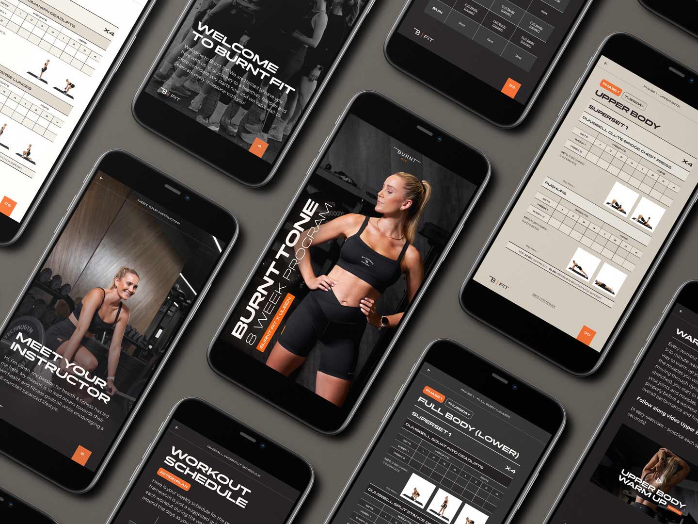 Phones displaying various pages of Burnt Tone eBook program by Burnt Fit and Uleen Fourie with upper and lower body workouts and fitness tips