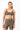 A woman modeling a matching athletic set consisting of a cropped sports bra and high-waisted biker shorts in a solid taupe-brown color, shot against a clean white background.