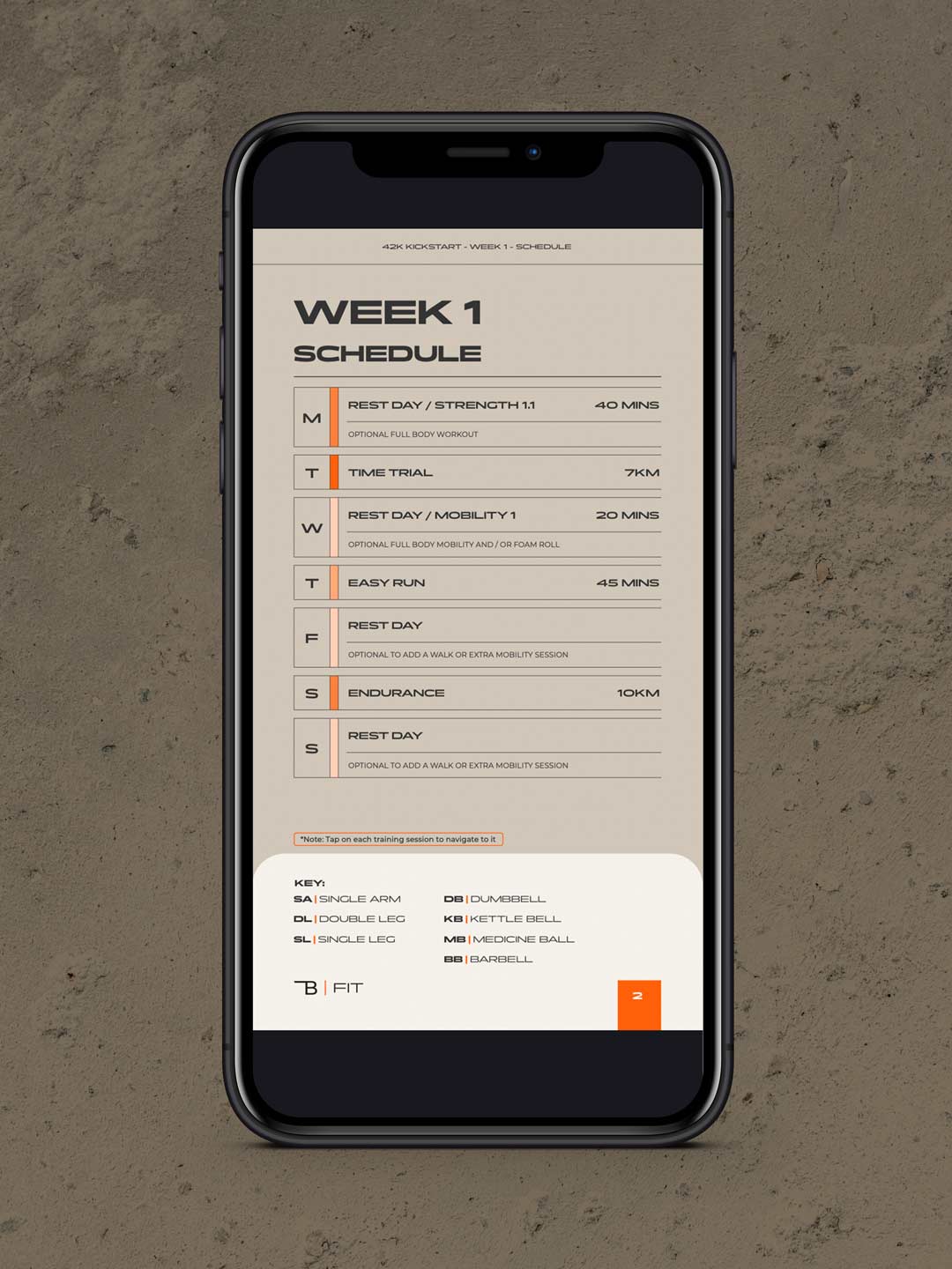 Example of the Full Marathon Kickstart program schedule, showing the structured breakdown of running sessions, strength workouts, mobility, and rest days for Week 1.