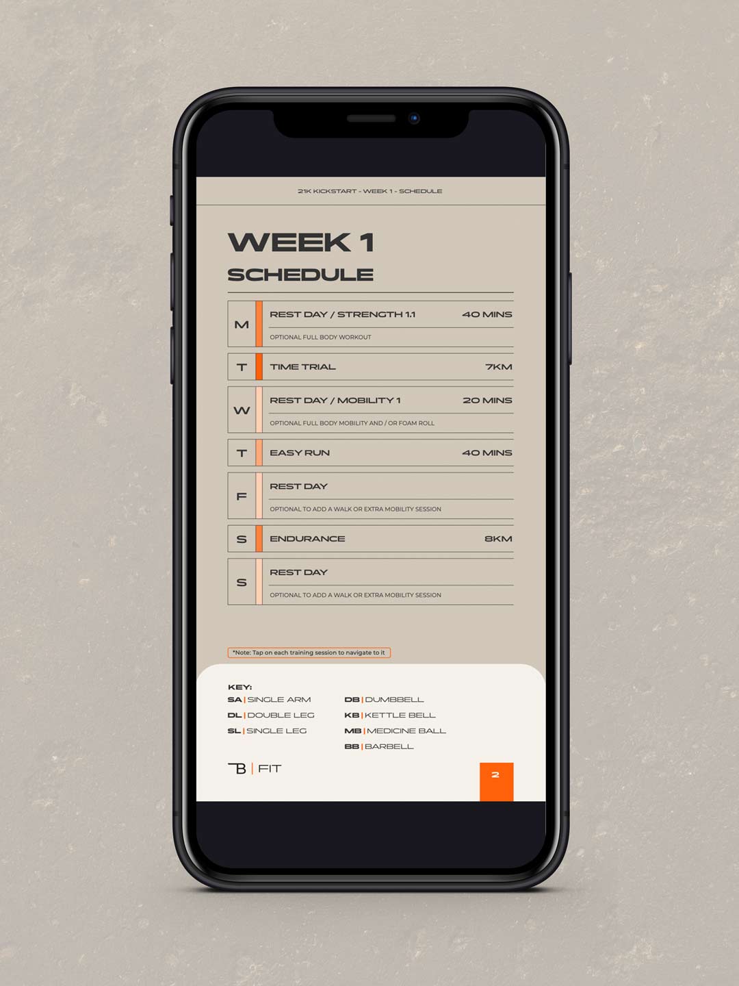 Example of the Half Marathon Kickstart program schedule, showing the structured breakdown of running sessions, strength workouts, mobility, and rest days for Week 1.