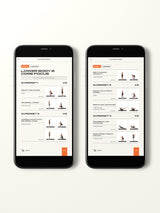 Two phones showing Monday, Week 1 of 'On the Move' PDF workout plan, including exercises squat thrusters, reverse lunges, and side plank crunches.