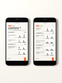 Two phones showing Monday, Week 1 of 'On the Move' PDF workout plan, including exercises squat thrusters, reverse lunges, and side plank crunches.