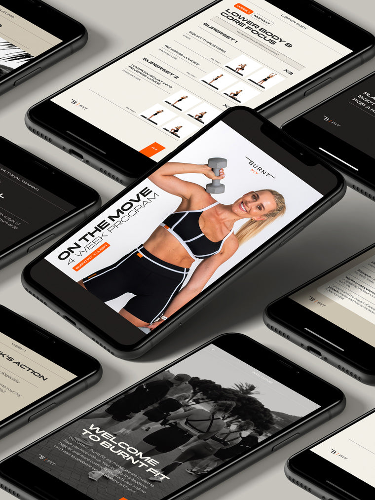 Multiple phones showing the 'On the Move' eBook program by Uleen Fourie, including welcome info and a lower body/core workout.