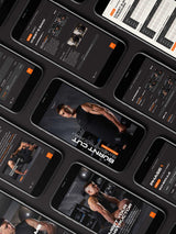 Phones showing pages from the ebook with fitness tips, the program cover, workouts, and exercise weight tracking section.