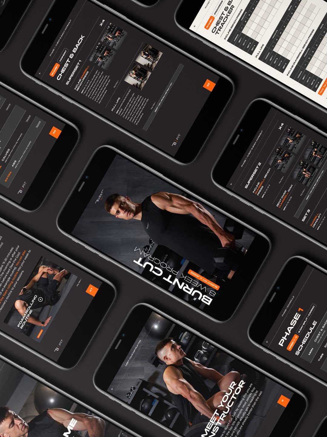 Phones showing pages from the ebook with fitness tips, the program cover, workouts, and exercise weight tracking section.