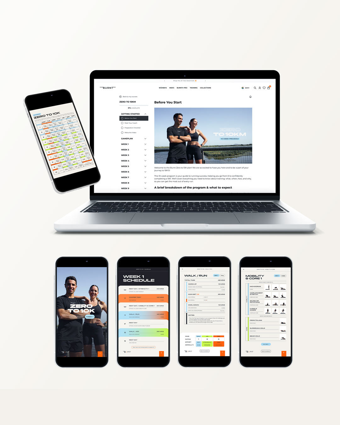 Inside look at the Zero to 10k program, with multiple screens showcasing the eBook training plan, and expert coaching resources.